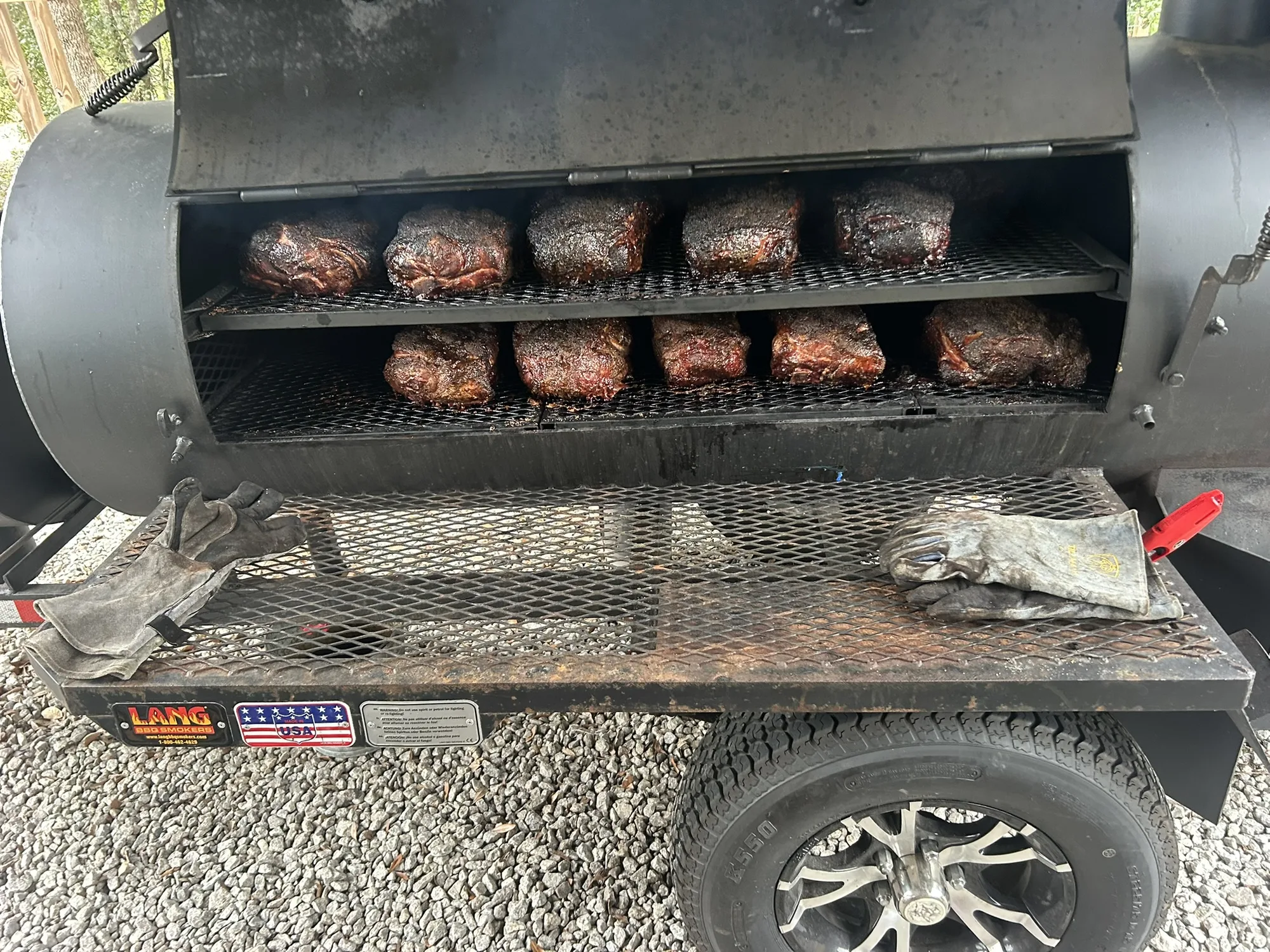 Pork butts smoking on the Lang smoker