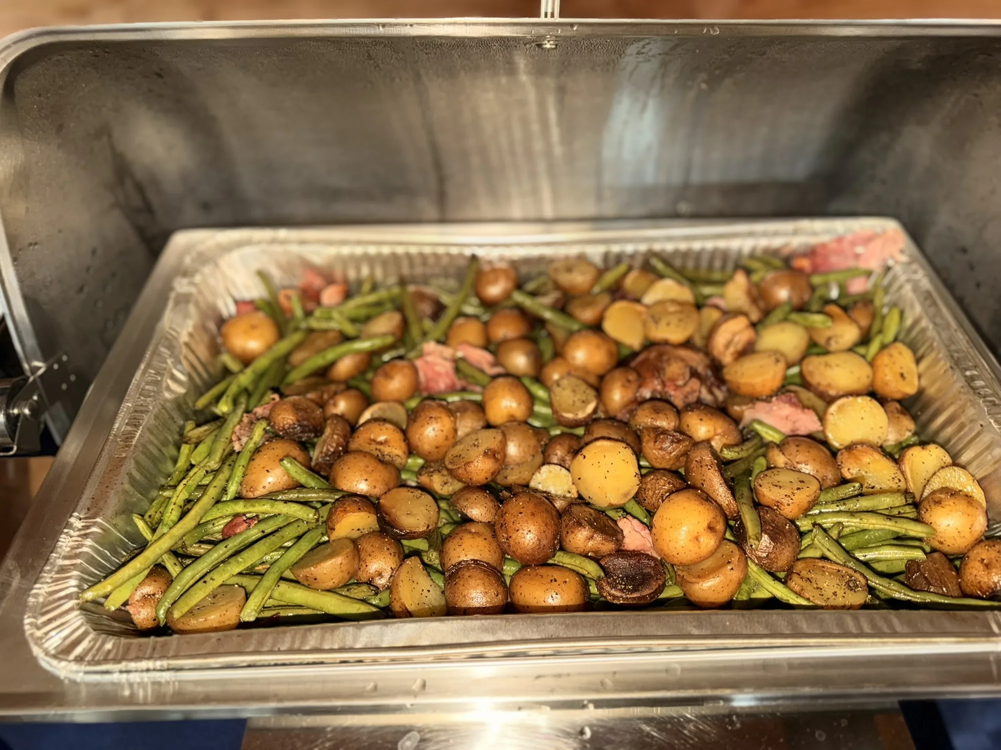 Roasted potatoes and green beans buffet tray